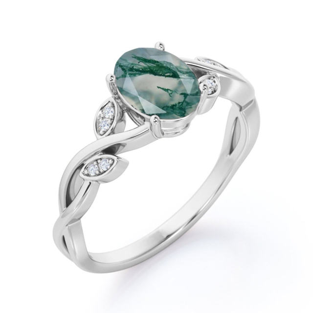 Sterling Silver Oval Shaped Moss Agate Oval Shaped Engagement Ring-3