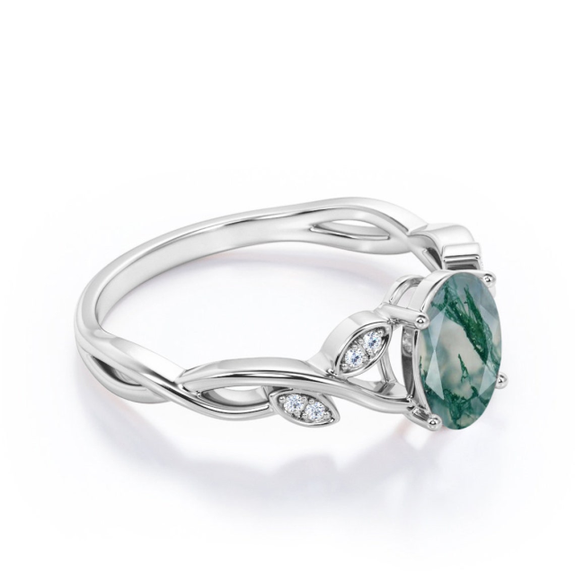 Sterling Silver Oval Shaped Moss Agate Oval Shaped Engagement Ring-4
