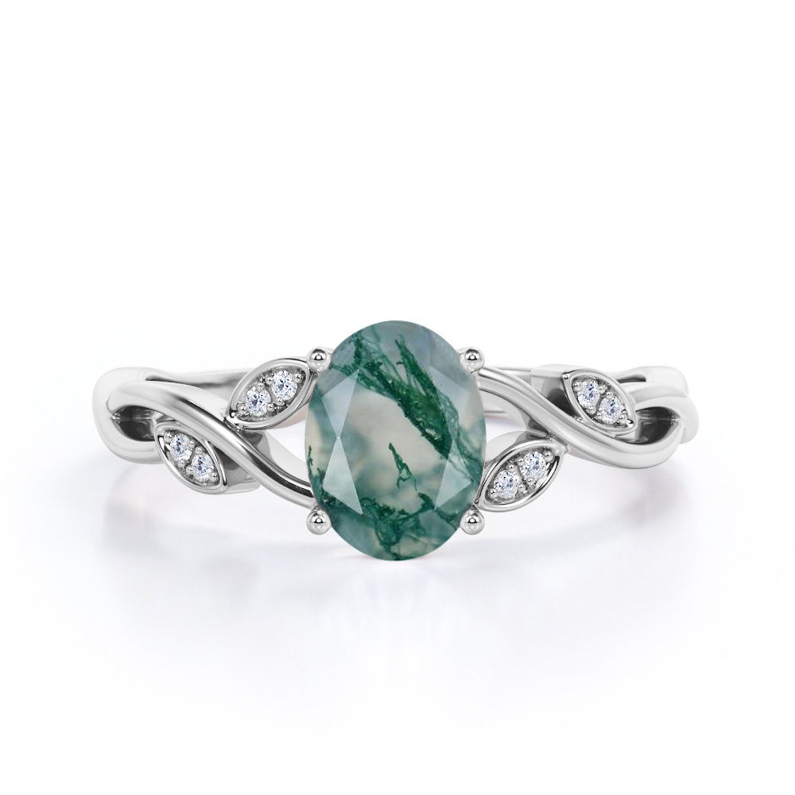 Sterling Silver Oval Shaped Moss Agate Oval Shaped Engagement Ring-1