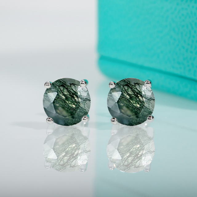 Sterling Silver Circular Shaped Moss Agate Round Stud Earrings-3