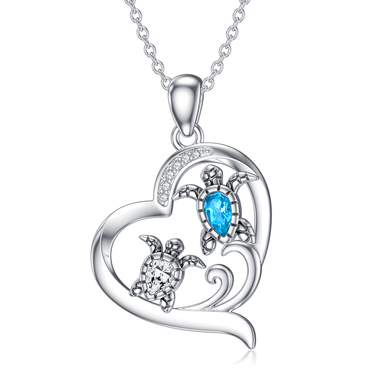 Sterling Silver Crystal & Cubic Zirconia & Topaz Sea Turtle & Heart Pendant Necklace-1
