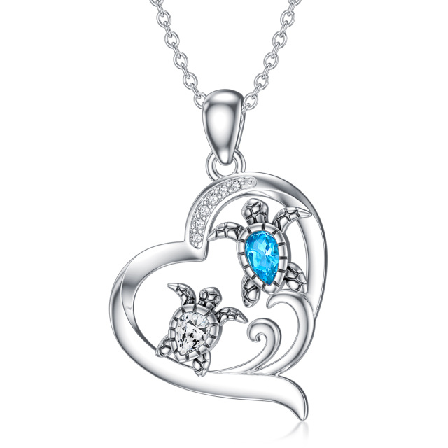 Sterling Silver Crystal & Cubic Zirconia & Topaz Sea Turtle & Heart Pendant Necklace-0