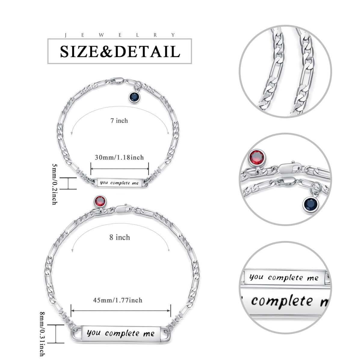 Sterling Silver Circular Shaped Cubic Zirconia Personalized Birthstone & Personalized Engraving & Couple Identification Bracelet-6