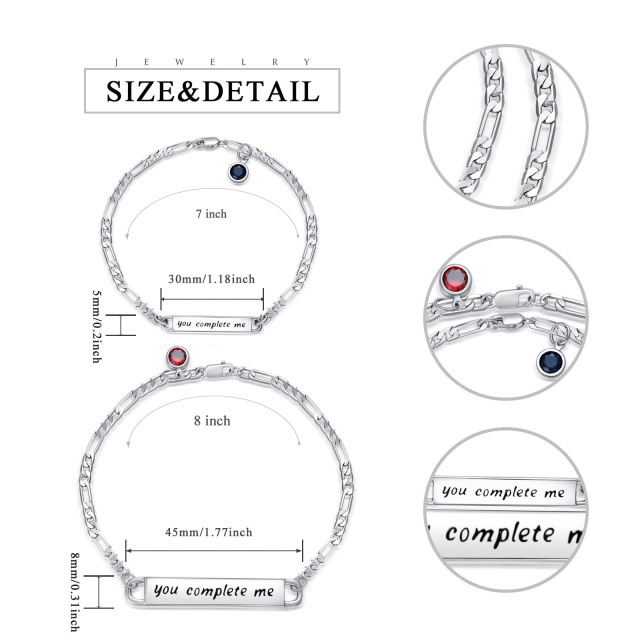 Sterling Silver Circular Shaped Cubic Zirconia Personalized Birthstone & Personalized Engraving & Couple Identification Bracelet-5