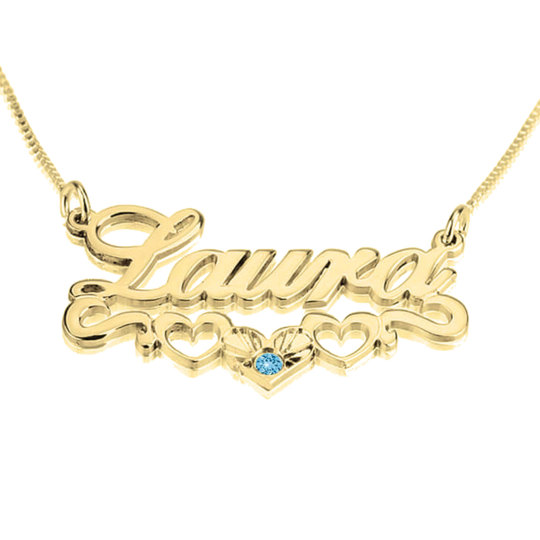 Sterling Silver with Yellow Gold Plated Round Zircon Personalized Birthstone & Personalized Classic Name & Heart Pendant Necklace