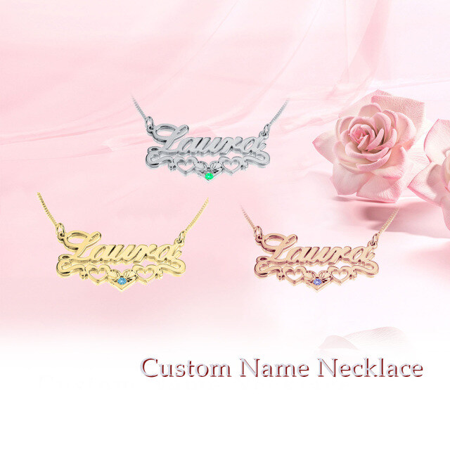Personalized Engraved Classic Name Necklace Heart Gold Plated With Birthstone-3