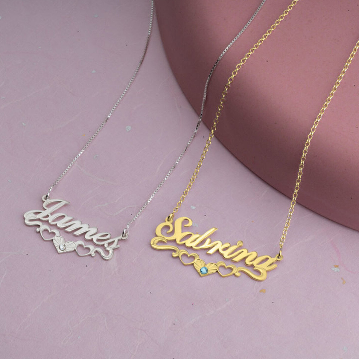 Collar con nombre clásico grabado personalizado, corazón chapado en oro con piedra de nacimiento-6