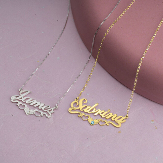 Personalized Engraved Classic Name Necklace Heart Gold Plated With Birthstone-5