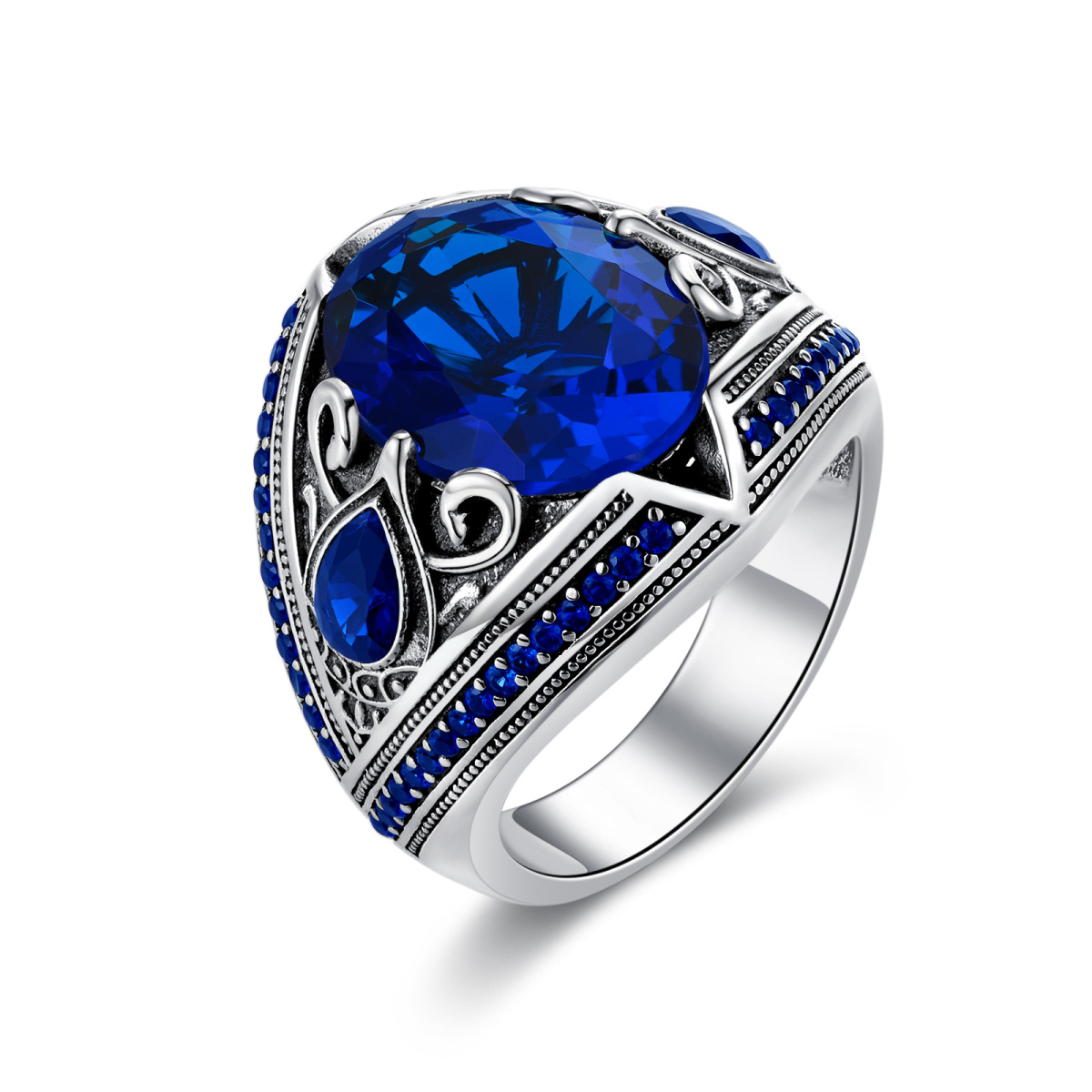 Sterling Silver Vintage Oxidized Navy Blue Personalized Birthstone Class Ring-1