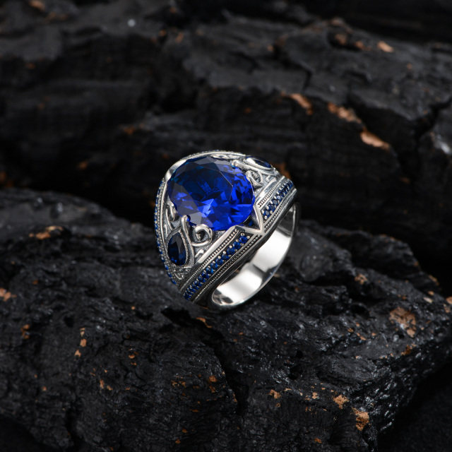 Prata esterlina Anel de classe com pedra de nascimento personalizada azul-marinho oxidado vintage-3