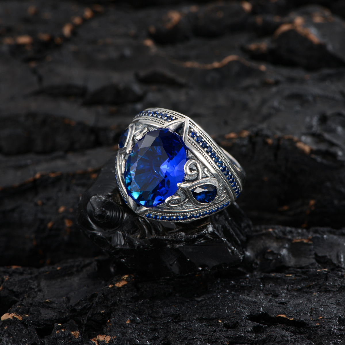 Sterling Silber Vintage oxidiert Marineblau personalisierte Geburtsstein Klasse Ring-5