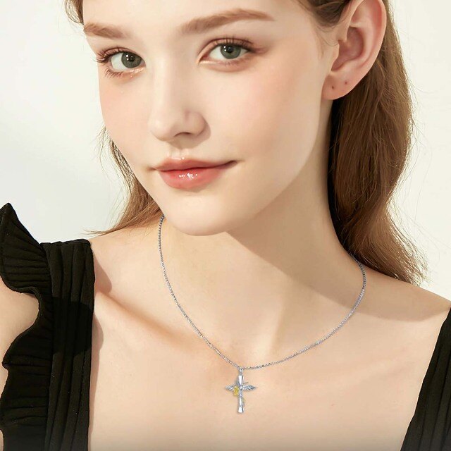 Sterling Silver Two-tone Hummingbird & Cross Pendant Necklace-1