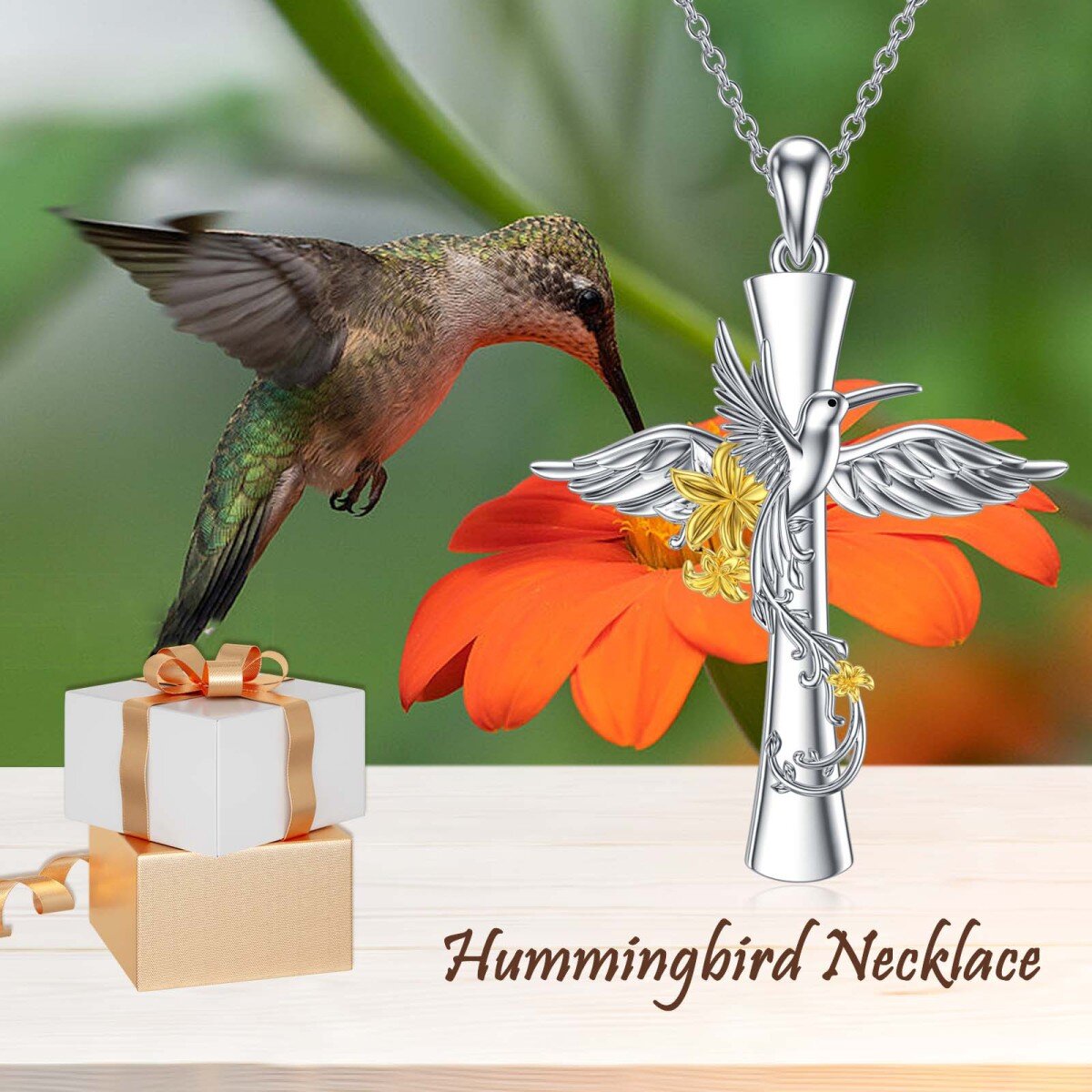 Sterling Silver Two-tone Hummingbird & Cross Pendant Necklace-6