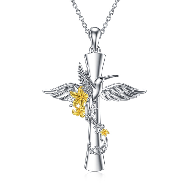 Sterling Silver Two-tone Hummingbird & Cross Pendant Necklace-0