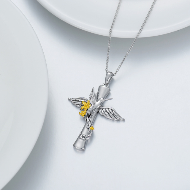 Sterling Silver Two-tone Hummingbird & Cross Pendant Necklace-2