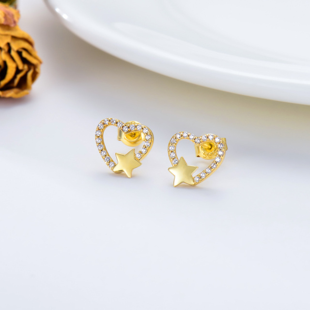 14K Gold Round Cubic Zirconia Heart & Star Stud Earrings-3