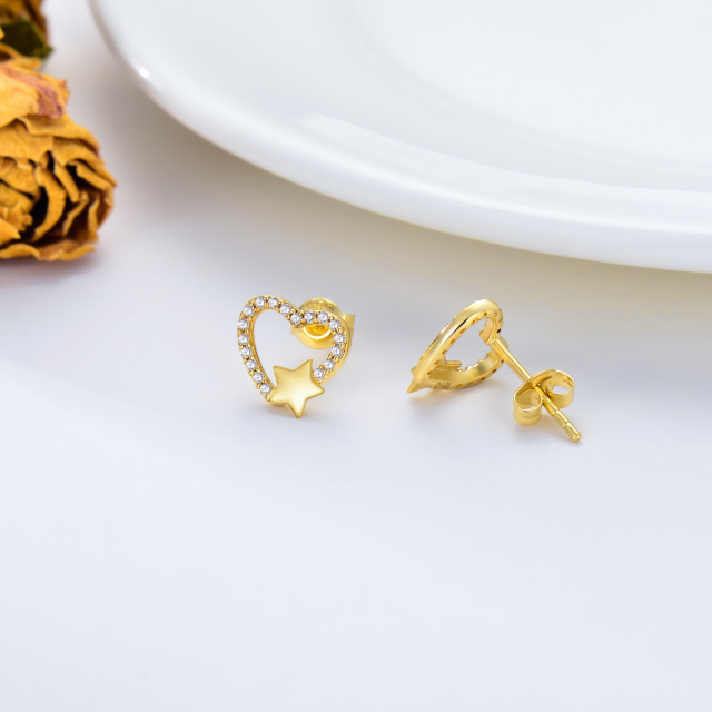 14K Gold Round Cubic Zirconia Heart & Star Stud Earrings-2