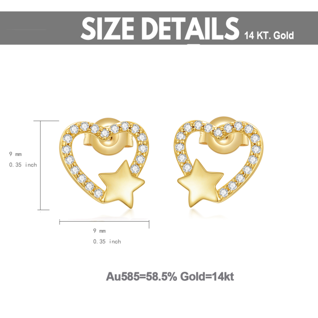 Brincos com coração e estrela em zircónio cúbico redondo em ouro de 14 quilates-4