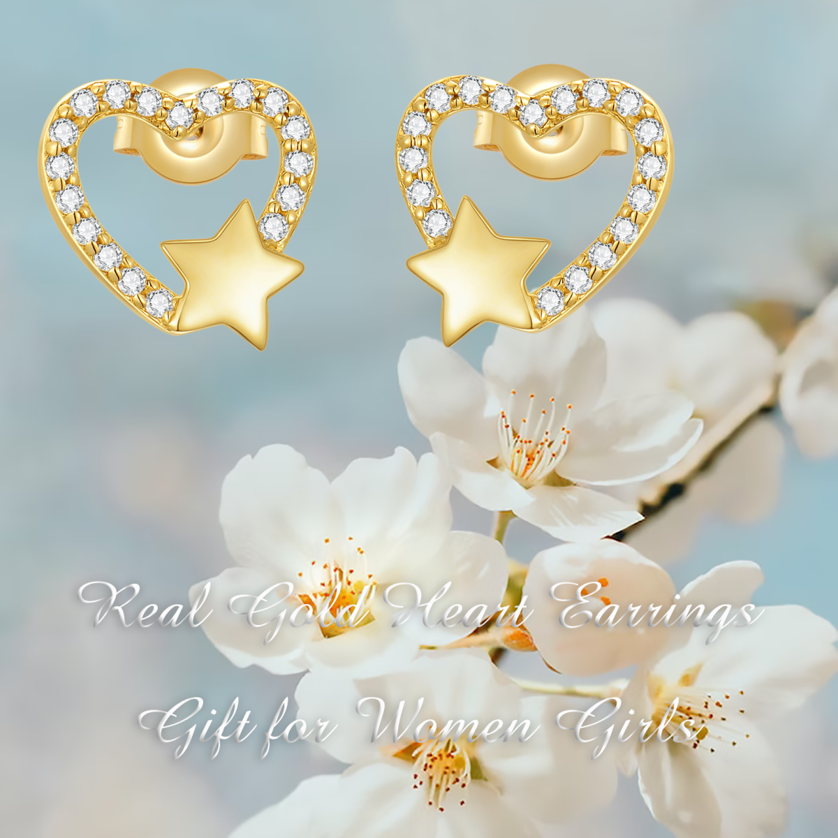 14K Gold Round Cubic Zirconia Heart & Star Stud Earrings-6