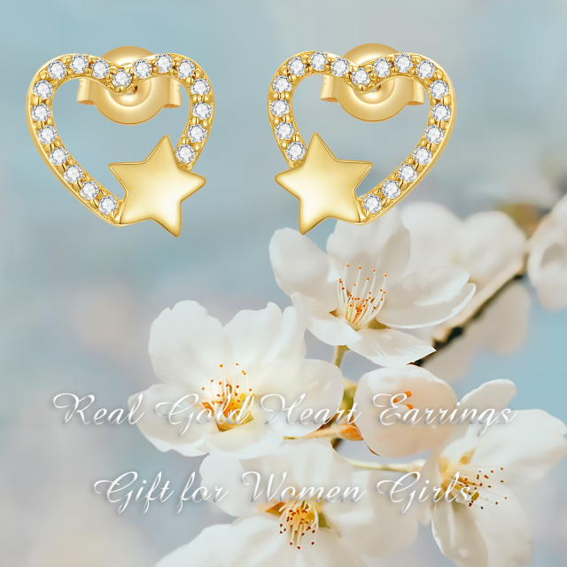 Brincos com coração e estrela em zircónio cúbico redondo em ouro de 14 quilates-5