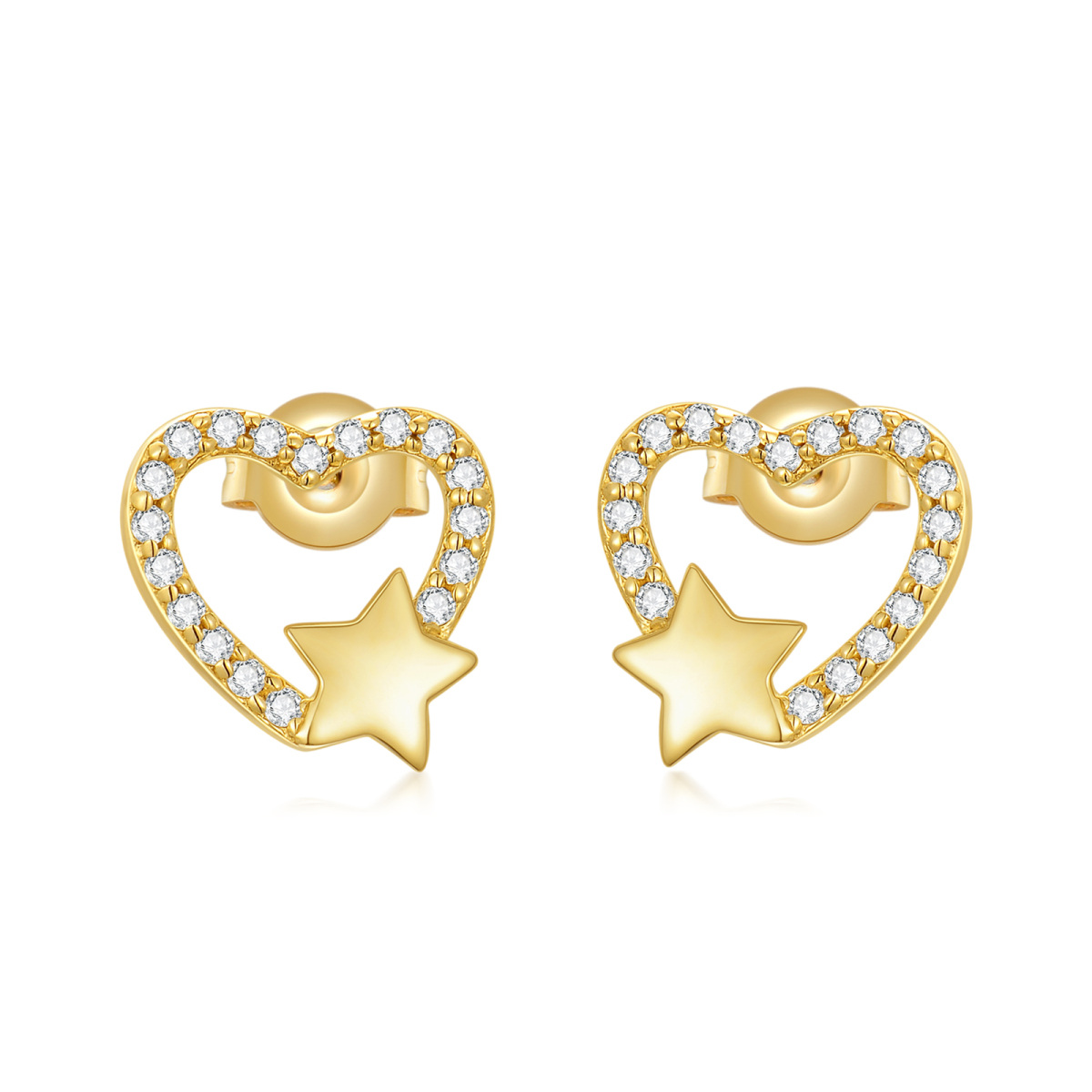 14K Gold Round Cubic Zirconia Heart & Star Stud Earrings-1