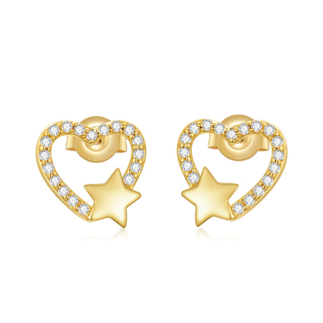 14K Gold Round Cubic Zirconia Heart & Star Stud Earrings-0