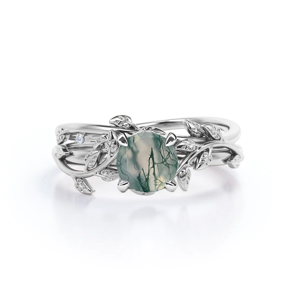 Sterling Silver with Rose Gold Plated Moss Agate Leaves Ring-1