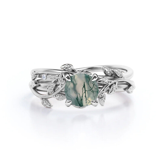 Sterling Silver with Rose Gold Plated Moss Agate Leaves Ring