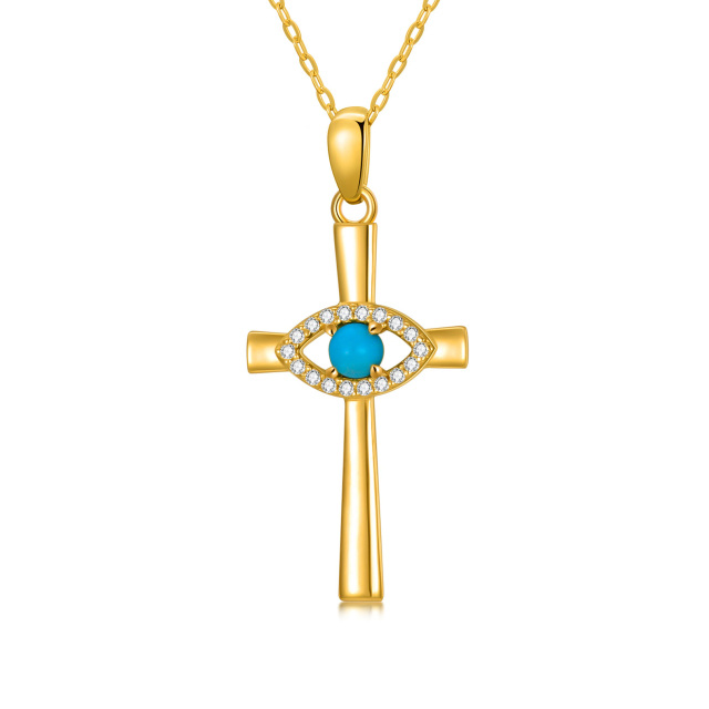 Collar de oro de 14 quilates con colgante en forma de cruz circular de turquesa y mal de o-0