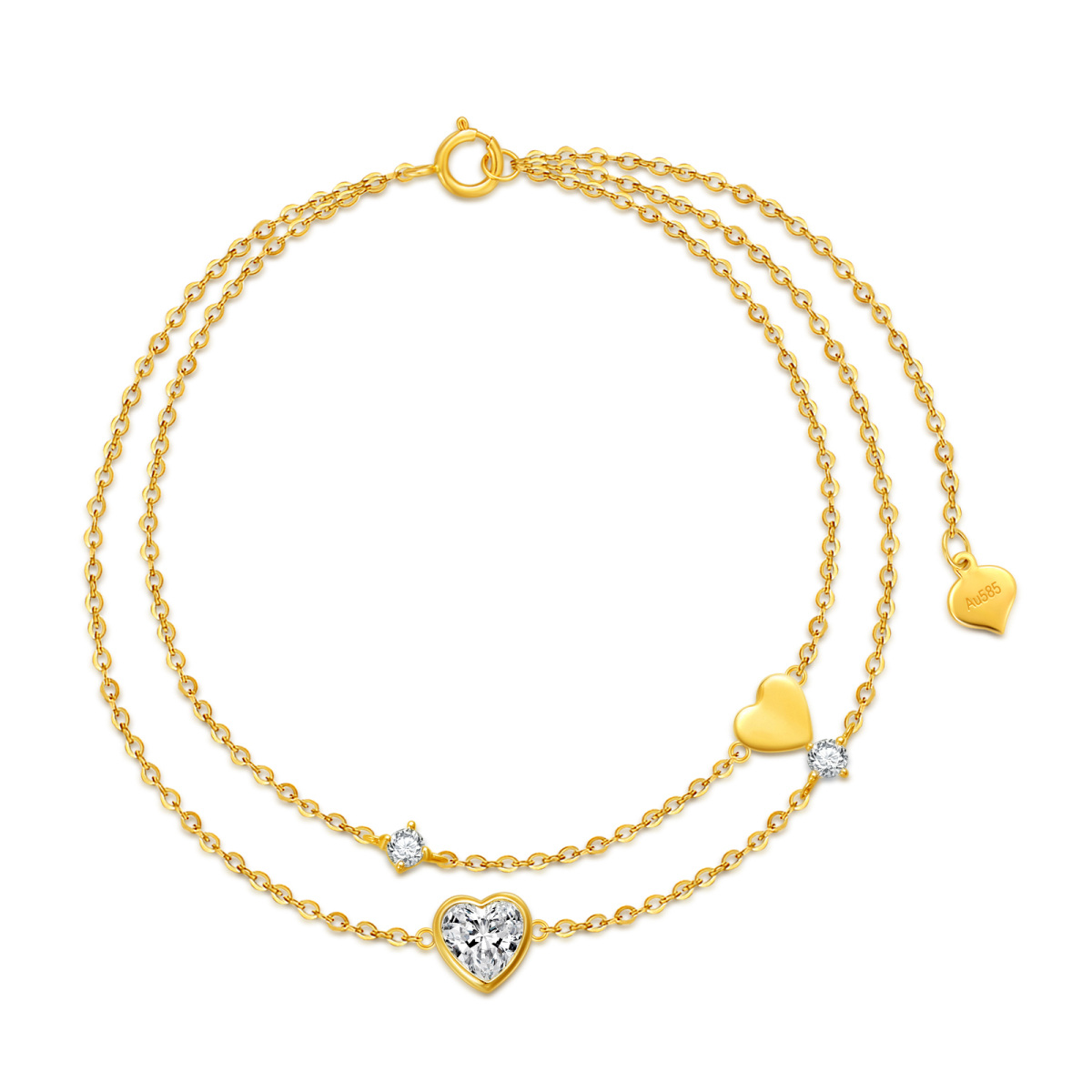 14K Gold Heart Shaped Cubic Zirconia Heart Layerered Bracelet-1