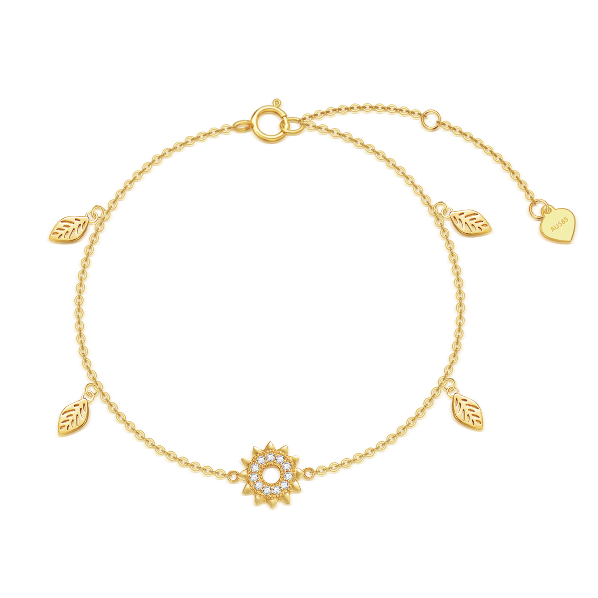 14K Gold Cubic Zirkonia Blätter & Sonnenblume Anhänger Armband-1