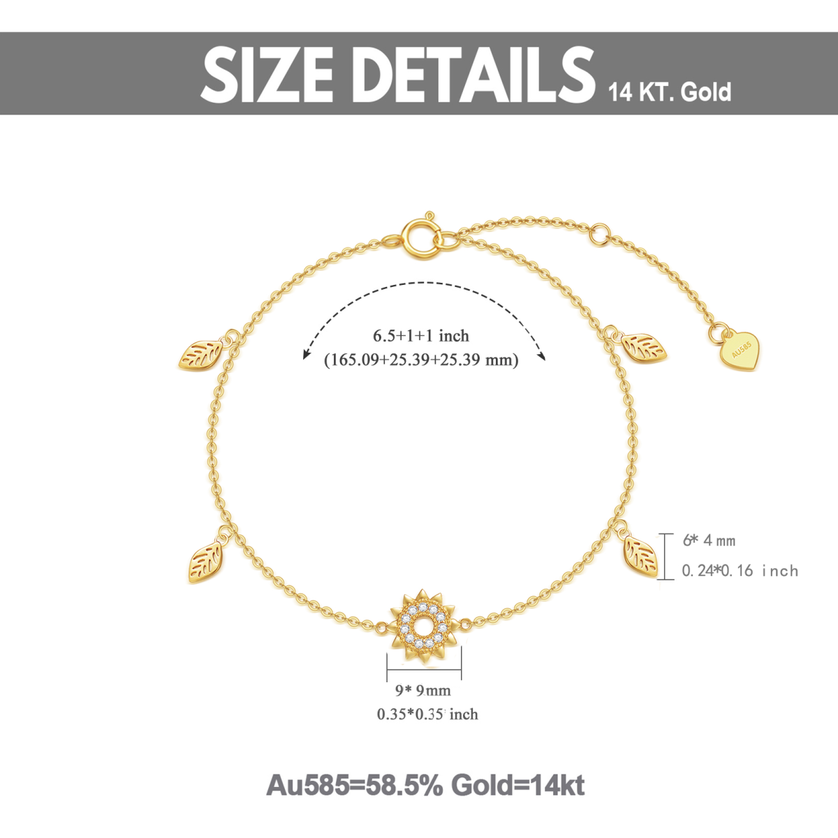14K Gold Cubic Zirconia Leaves & Sunflower Pendant Bracelet-6