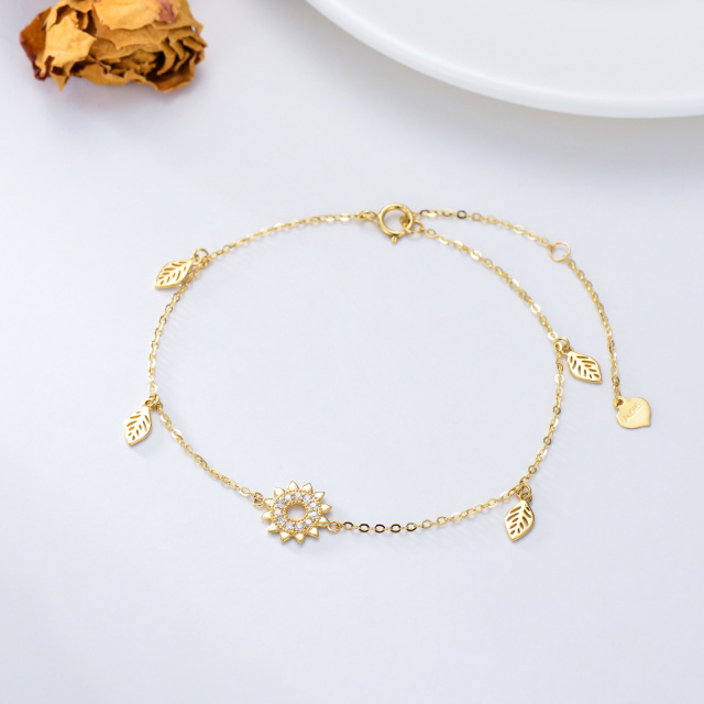 14K Gold Cubic Zirconia Leaves & Sunflower Pendant Bracelet-2