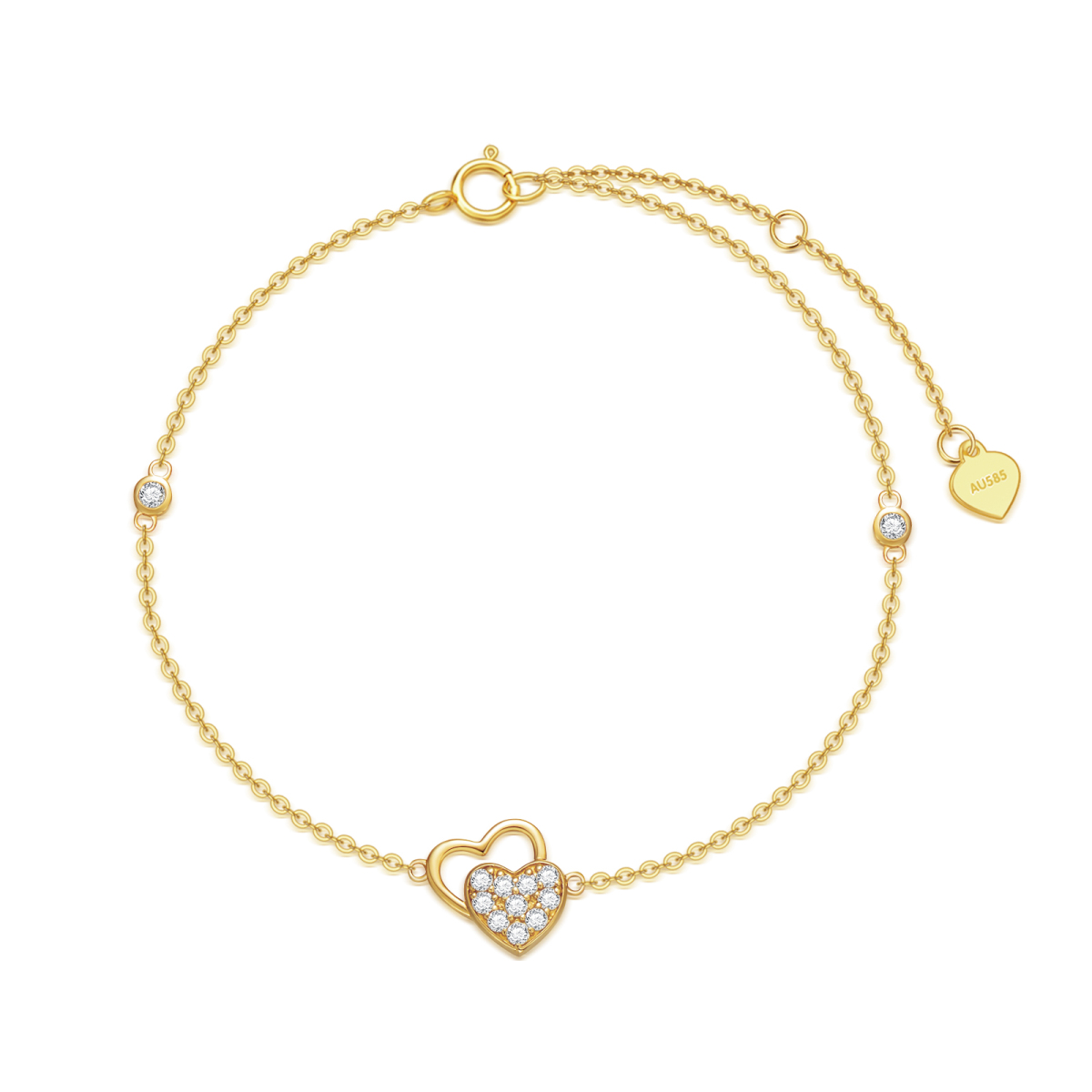 14K Gold Cubic Zirconia Heart With Heart Pendant Bracelet-1