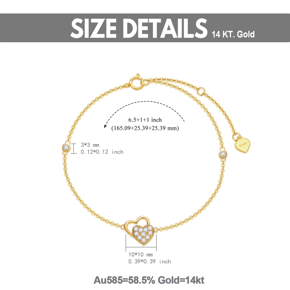 14K Gold Cubic Zirconia Heart With Heart Pendant Bracelet-6