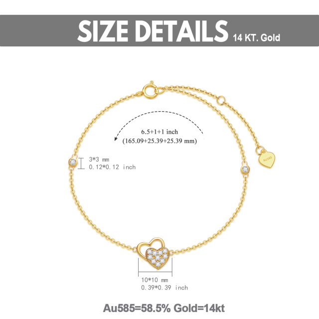 14K Gold Cubic Zirconia Heart With Heart Pendant Bracelet-5