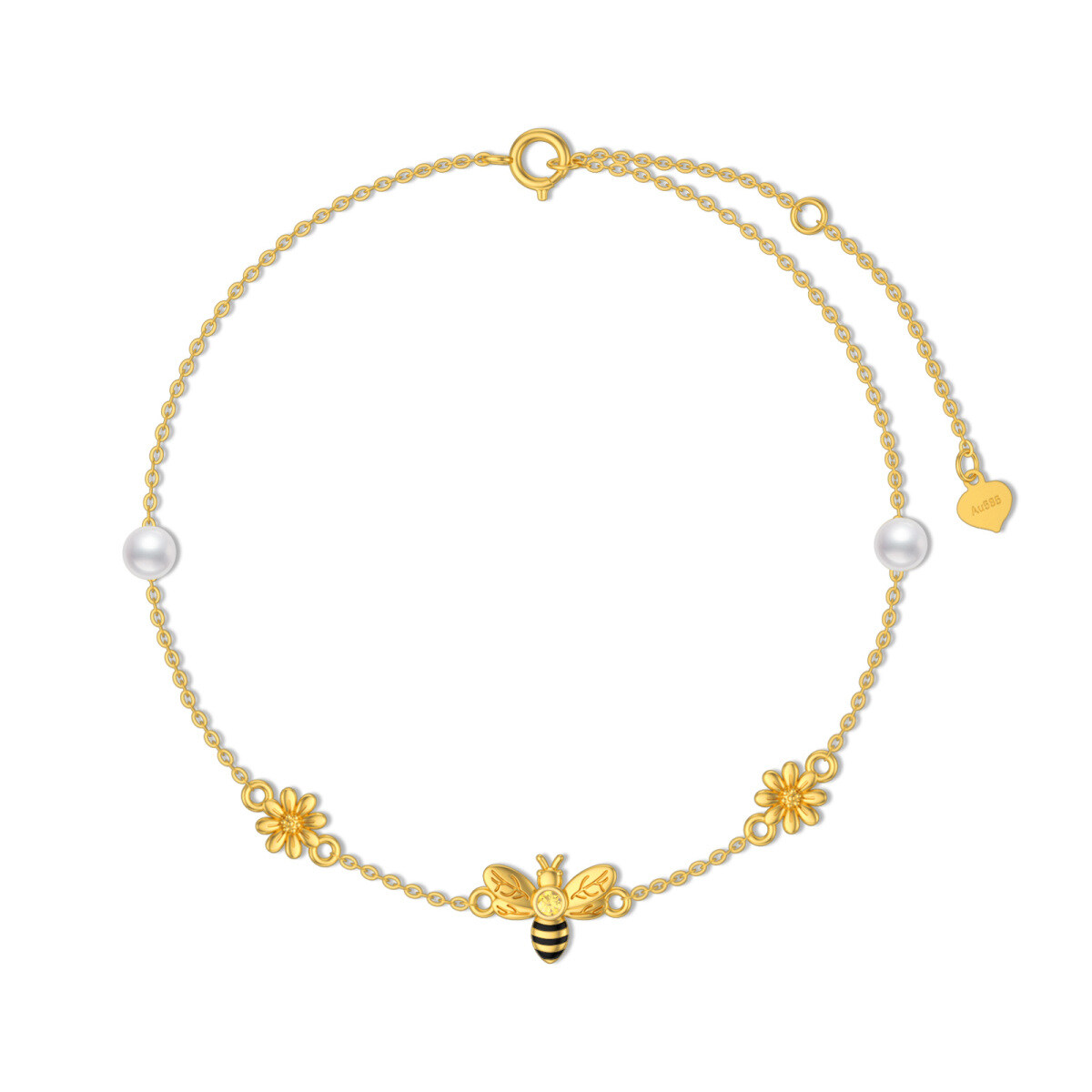 14K Gold Pearl Bee & Daisy Pendant Bracelet-1