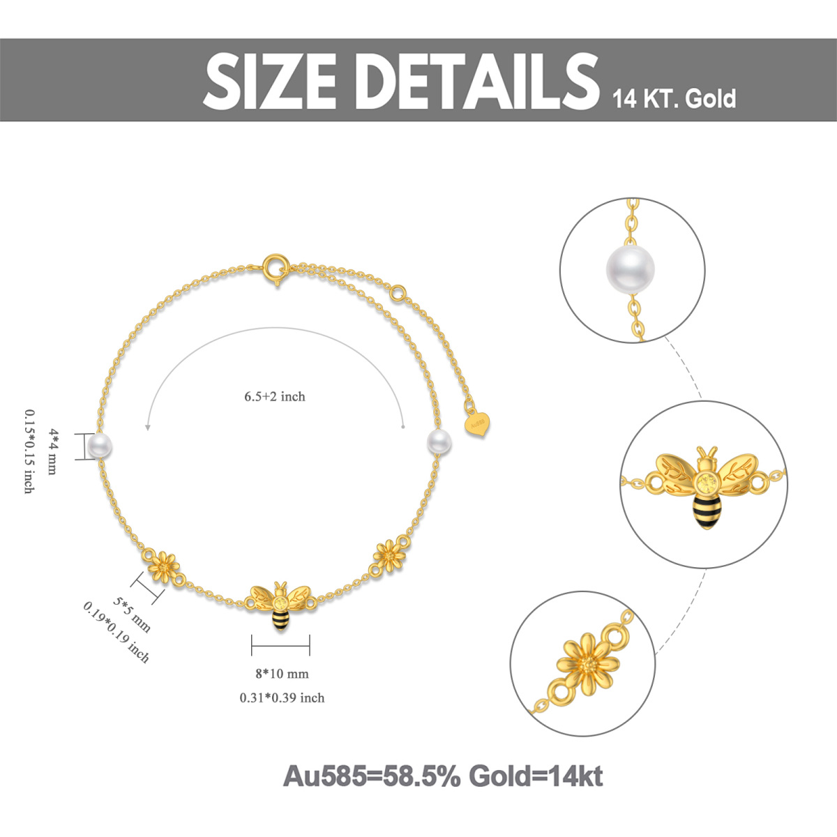 Pulsera de oro de 14 quilates con colgante de perlas, abeja y margarita-6