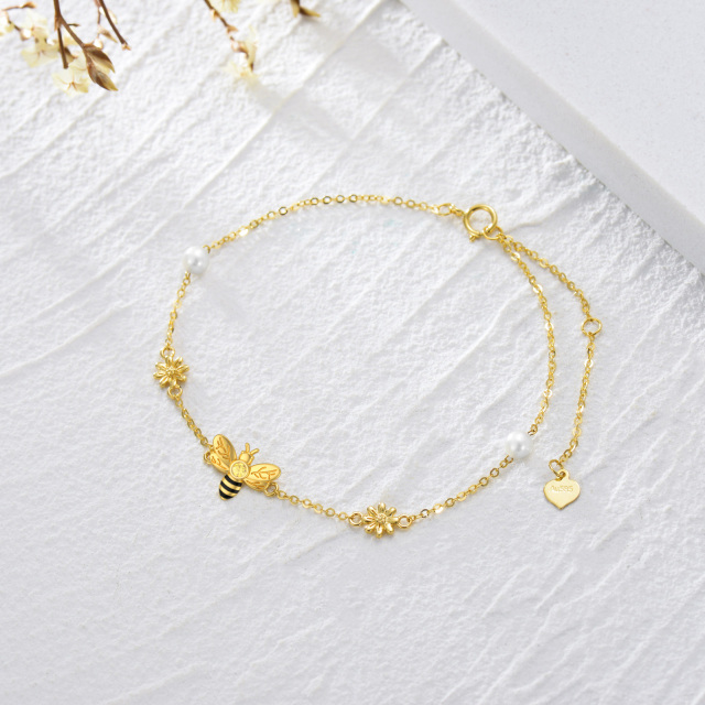 14K Gold Pearl Bee & Daisy Pendant Bracelet-2