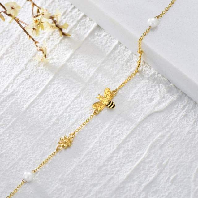 14K Gold Pearl Bee & Daisy Pendant Bracelet-3