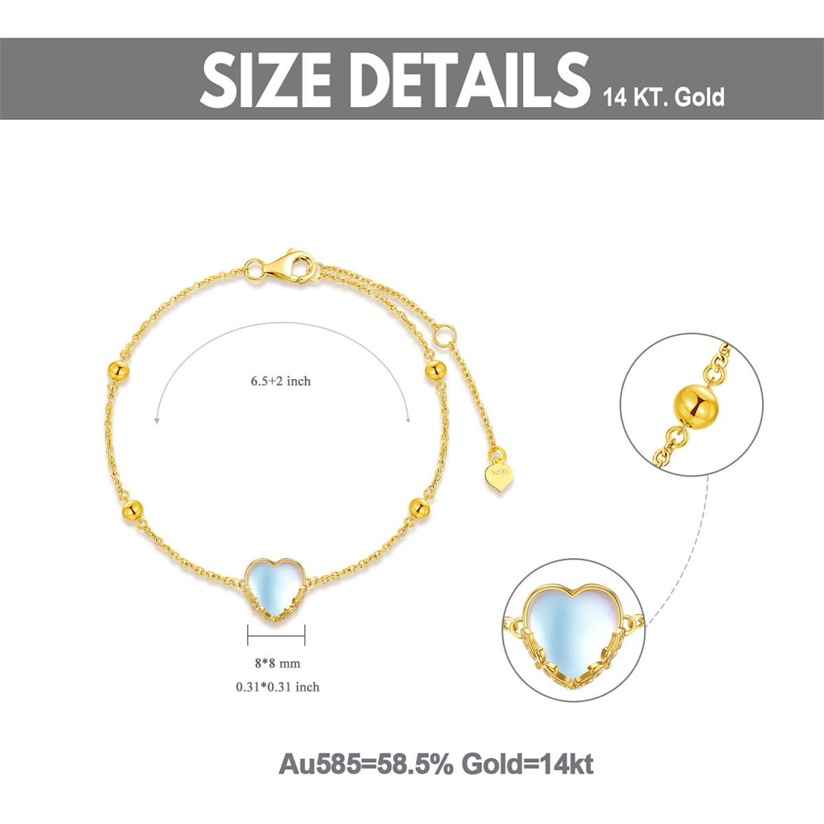 14K Gold Heart Shaped Moonstone Heart Pendant Bracelet-6