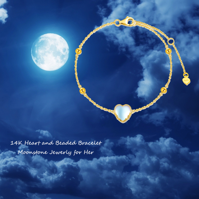 14K Gold Heart Shaped Moonstone Heart Pendant Bracelet-4