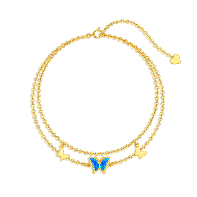 Tornozeleiras borboleta de ouro 14K com opala azul em camadas para presentes de joias para mulheres e meninas-0