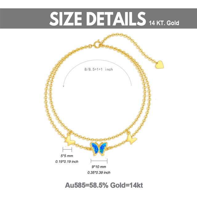 Tornozeleiras borboleta de ouro 14K com opala azul em camadas para presentes de joias para mulheres e meninas-2