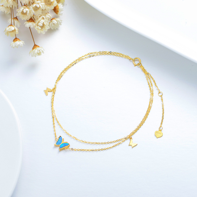Tornozeleiras borboleta de ouro 14K com opala azul em camadas para presentes de joias para mulheres e meninas-4