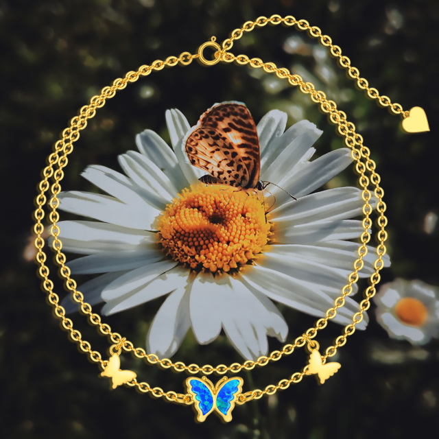 Tornozeleiras borboleta de ouro 14K com opala azul em camadas para presentes de joias para mulheres e meninas-5