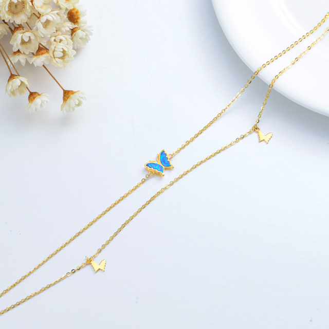 Tornozeleiras borboleta de ouro 14K com opala azul em camadas para presentes de joias para mulheres e meninas-3