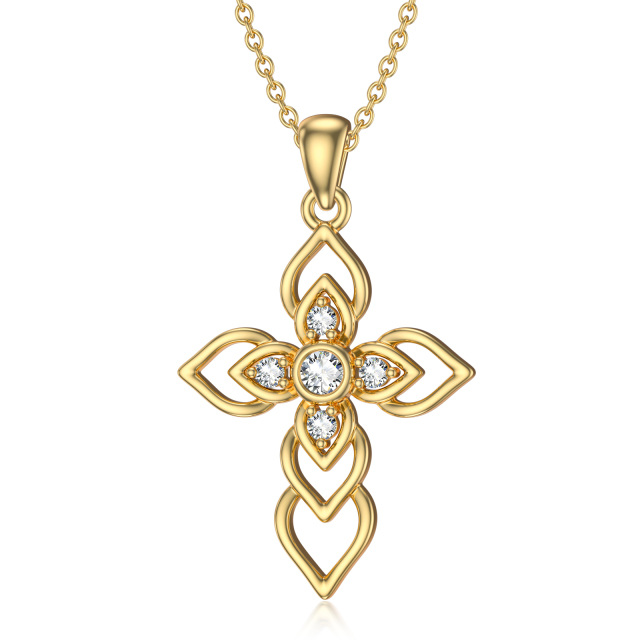 14K Gold Round Cubic Zirconia Cross Pendant Necklace-0