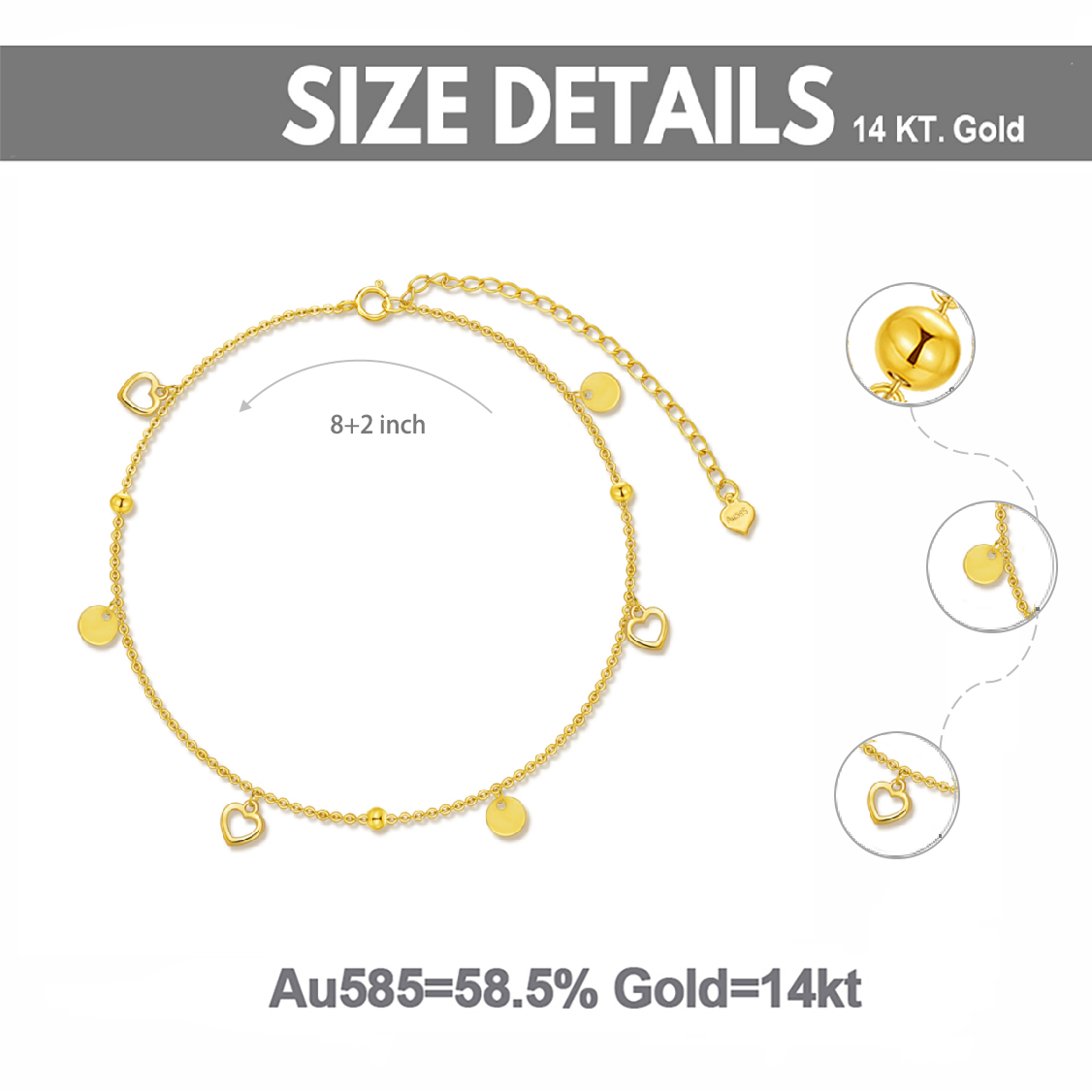 14K Gold Bead & Heart Single Layer Anklet-6