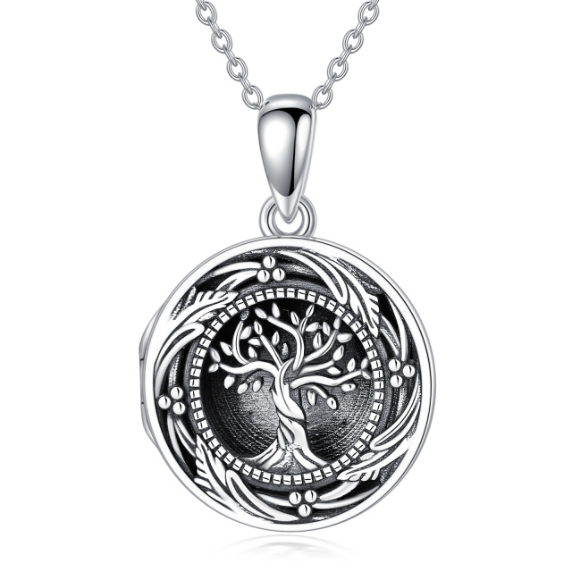 Sterling Silver with Black Rhodium Tree Of Life Personalized Photo Locket Necklace-2